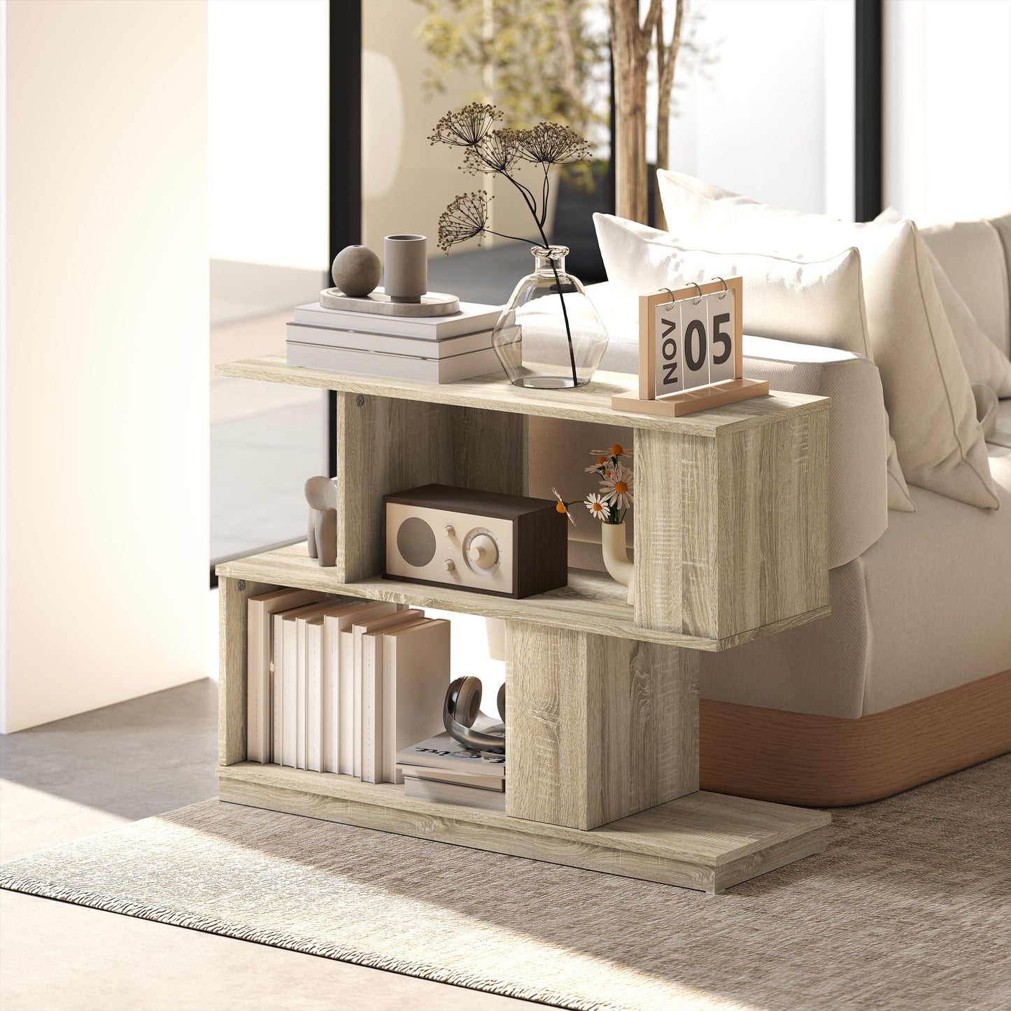 HOMCOM S-Shaped Side Table - Natural Wood Finish
