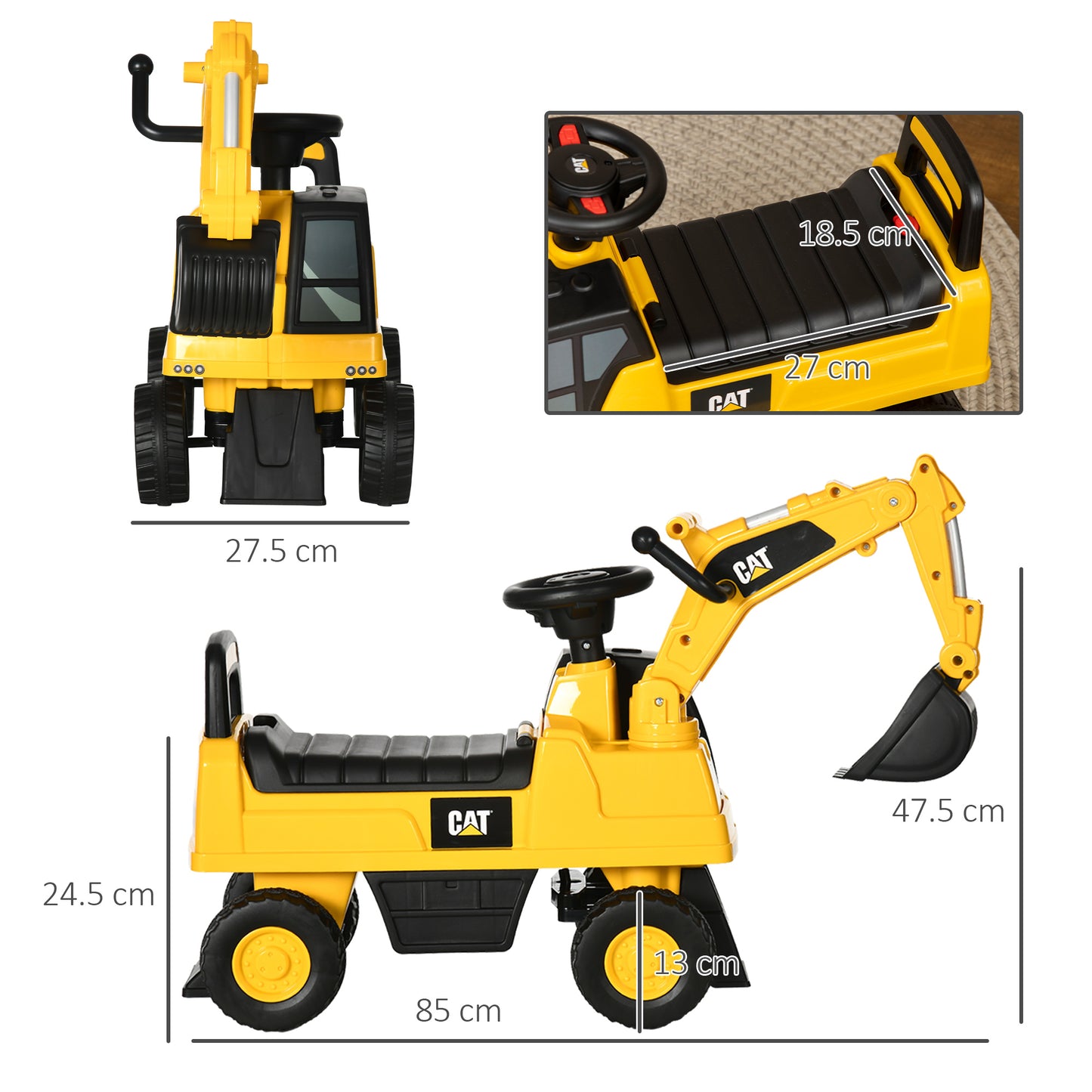 HOMCOM CAT Licensed Kids Ride on Digger Toddler Pretend Construction Play Toy Foot-To-Floor Ride-On Toy w/ Manual Shovel, Horn, Hidden Storage, for Ages 1-3 Years--ChewyGames-ChewyGames