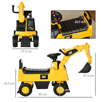 HOMCOM CAT Licensed Kids Ride on Digger Toddler Pretend Construction Play Toy Foot-To-Floor Ride-On Toy w/ Manual Shovel, Horn, Hidden Storage, for Ages 1-3 Years--ChewyGames-ChewyGames