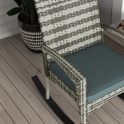 Outsunny PE Rattan Garden Rocking Chair, Outdoor Rocking with Cushion, 160 KG Capacity Wicker Garden Armchair Rocker with Metal Frame for Patio, Porch, Balcony, Light Grey