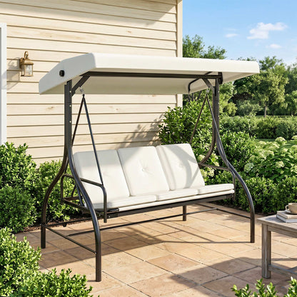 Outsunny 3 Seater Canopy Swing Chair, 2 in 1 Garden Swing Seat Bed, with Adjustable Canopy and Metal Frame, Cream White