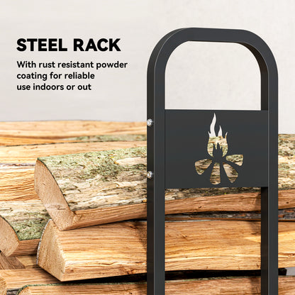 Outsunny 6.5 FT Steel Firewood Log Rack with 300 kg Capacity, Heavy Duty Indoor Outdoor Fireplace Wood Storage Shelf, Log Holder/Stand with Extra Support Legs, Decorative Bonfire Pattern, Black