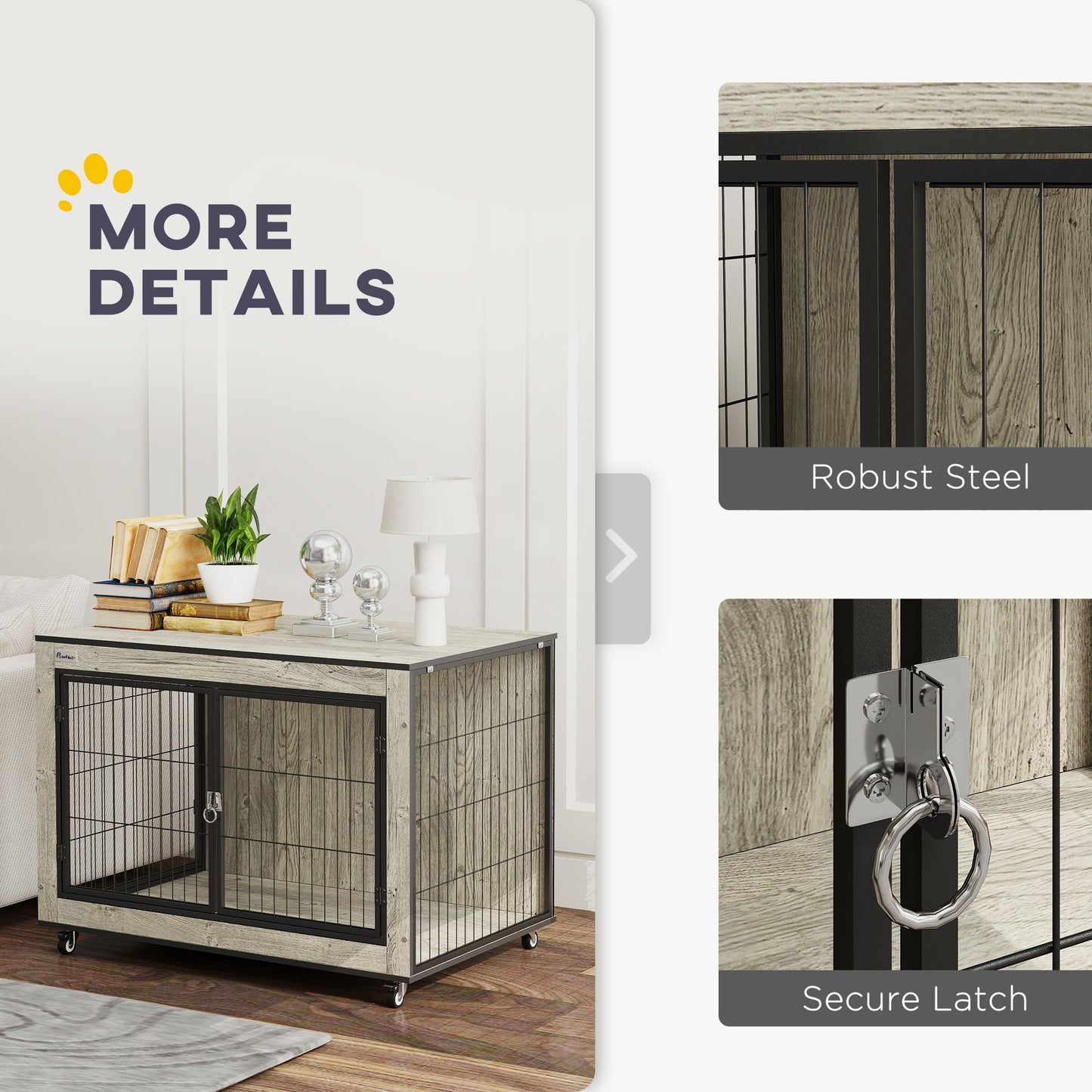 PawHut Dog Crate Furniture with Wheels, Double Doors, for Medium Dogs, Grey