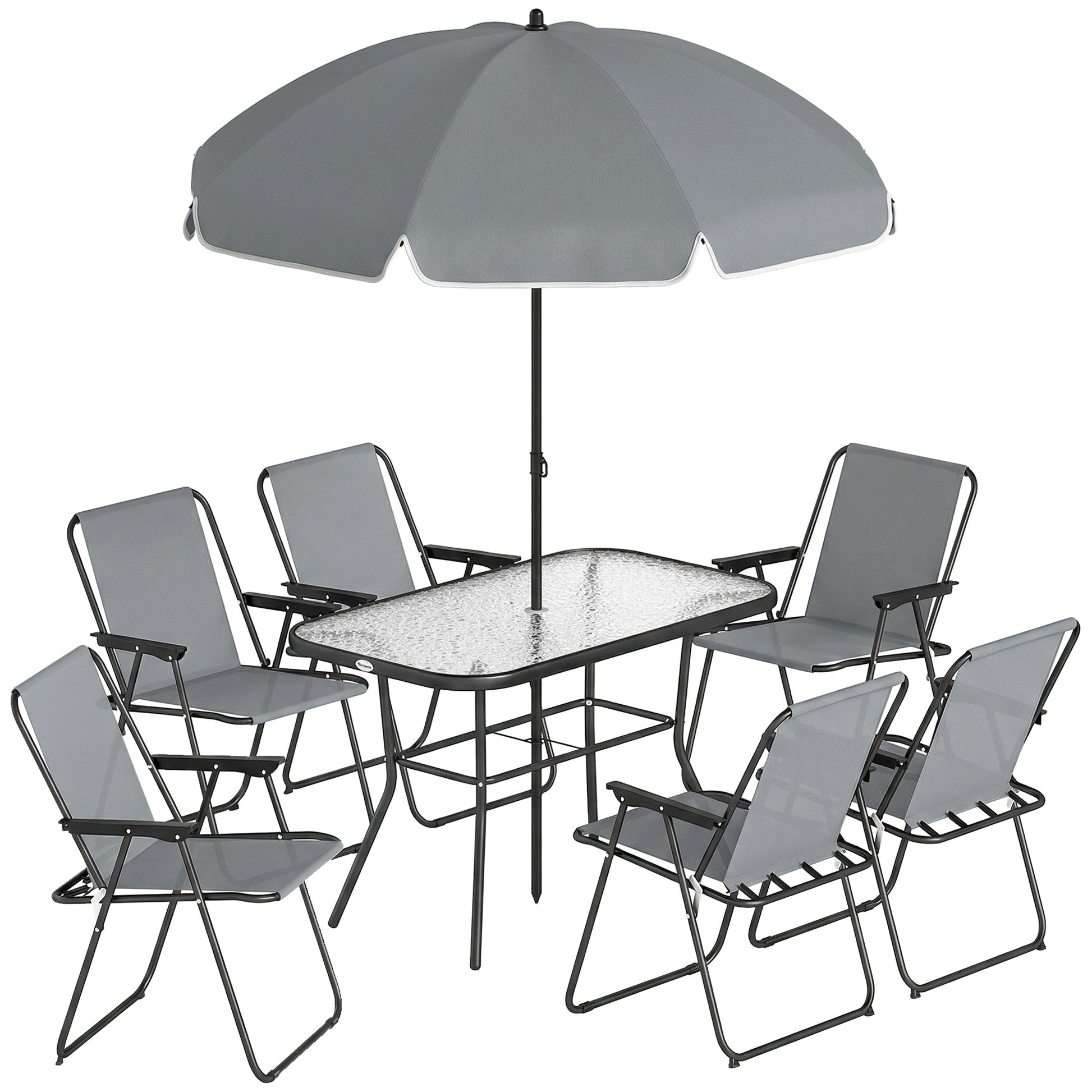 Outsunny 8 Piece Garden Dining Set with Umbrella, Garden Furniture Set with 6 Folding Chairs, Tempered Glass Table for Patio Grey--ChewyGames-ChewyGames