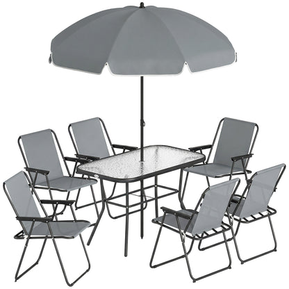 Outsunny 8 Piece Garden Dining Set with Umbrella, Garden Furniture Set with 6 Folding Chairs, Tempered Glass Table for Patio Grey--ChewyGames-ChewyGames