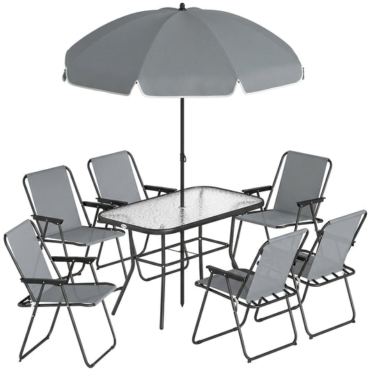 Outsunny 8 Piece Garden Dining Set with Umbrella, Garden Furniture Set with 6 Folding Chairs, Tempered Glass Table for Patio Grey--ChewyGames-ChewyGames