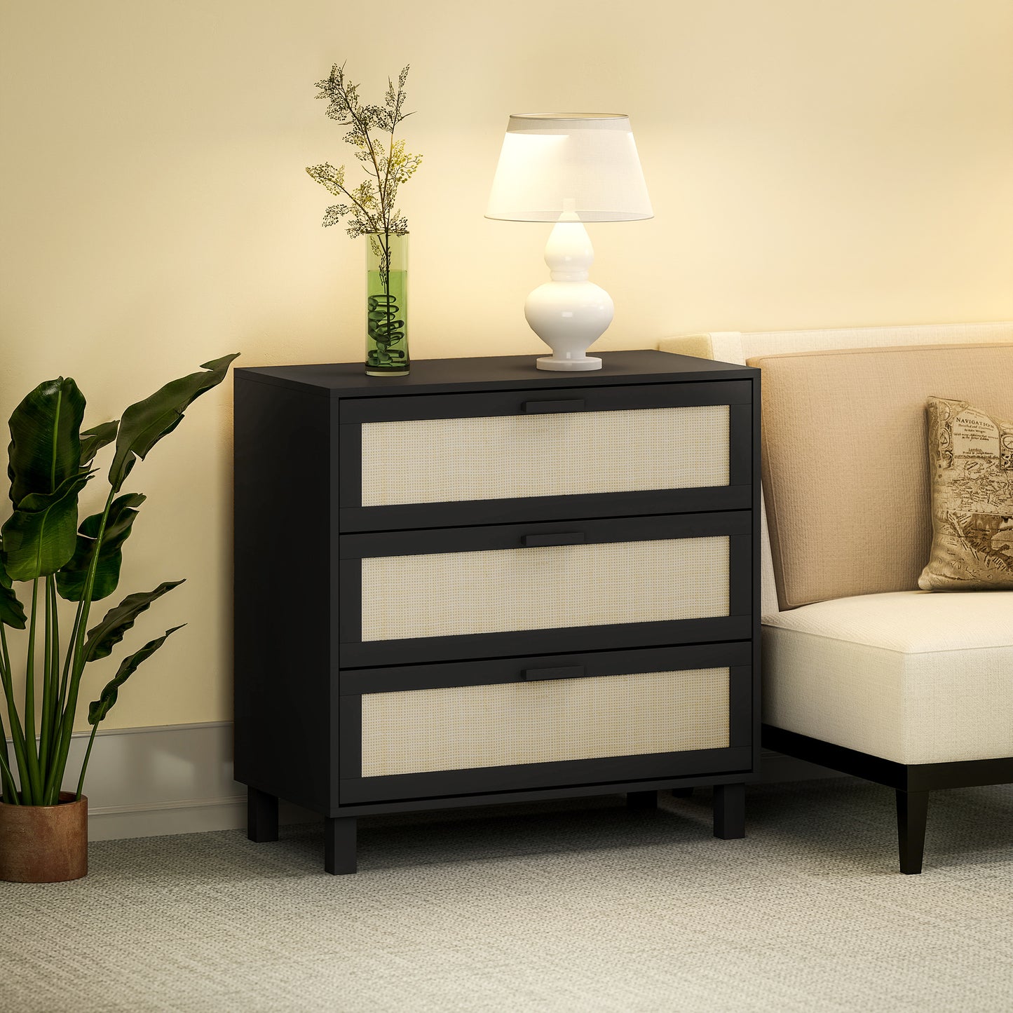 HOMCOM Rattan Bedroom Chest of Drawers, 3 Drawers Storage Unit, Boho Dresser for Living Room, Hallway, Black