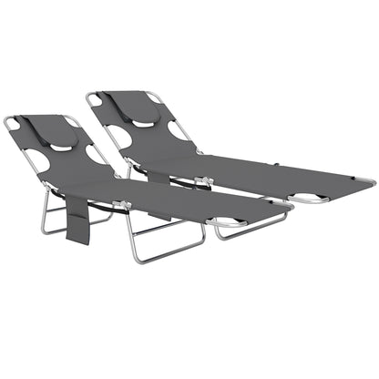 Outsunny Foldable Sun Lounger Set of 2, Beach Chaise Lounge with Reading Hole, Arm Slots, 5-Position Adjustable Backrest, Side Pocket, Pillow for Garden, Beach, Pool, Dark Grey