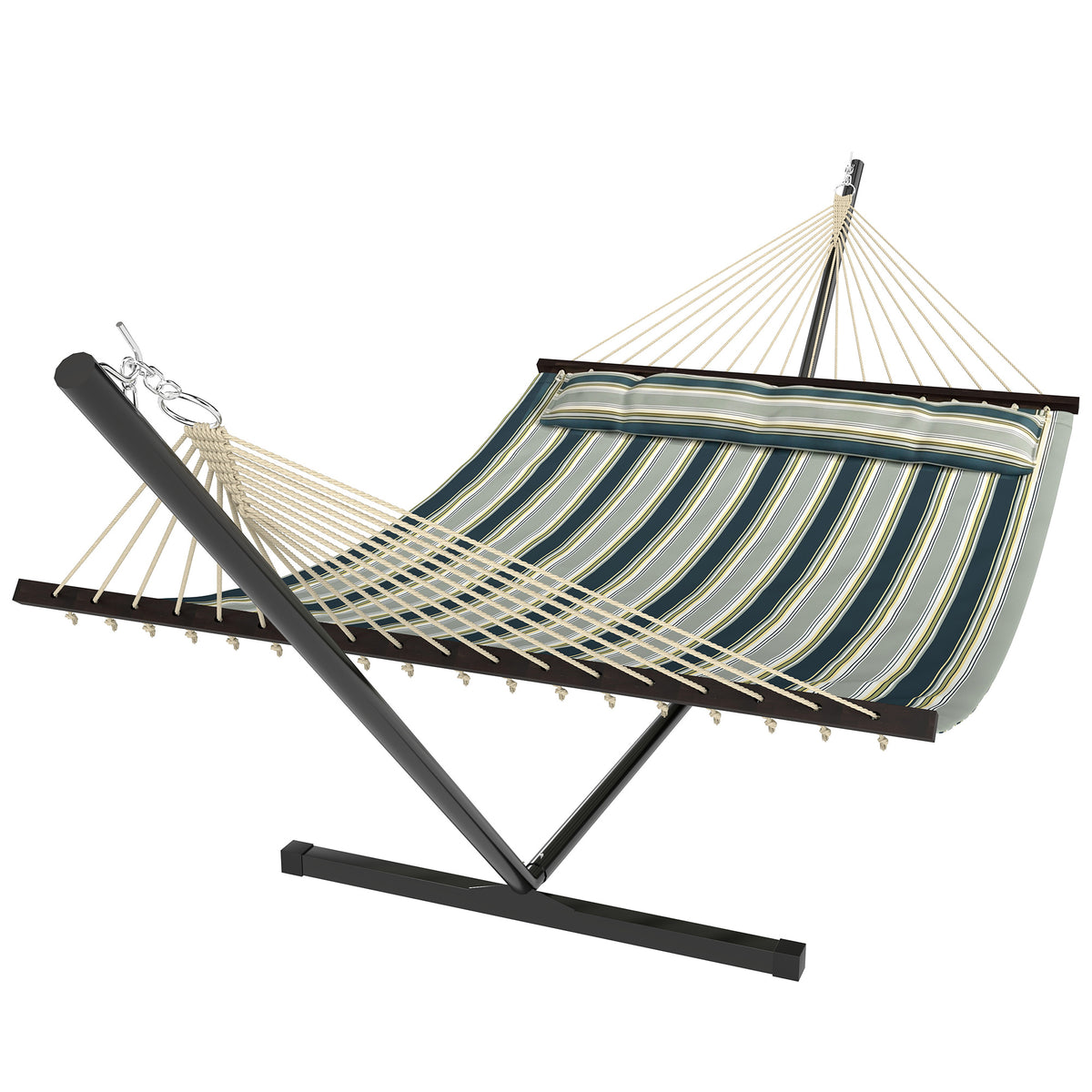 Outsunny Outdoor Hammock with Stand Detachable Pillow Striped Swing Steel Frame, for Garden, Patio, Green