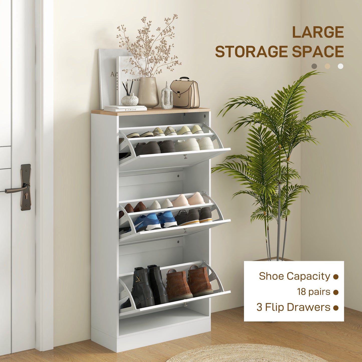 HOMCOM Modern Compact Three-Drawer Shoe Storage Cabinet - White