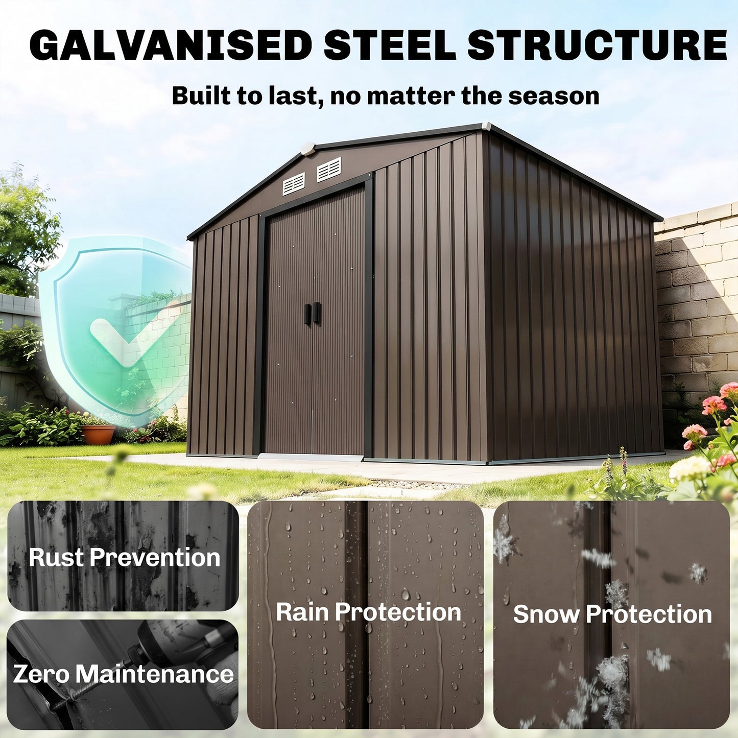 Outsunny 9 x 6ft Metal Garden Shed, Outdoor Storage Tool House with Ventilation Slots, Foundation Kit and Lockable Double Doors, Brown