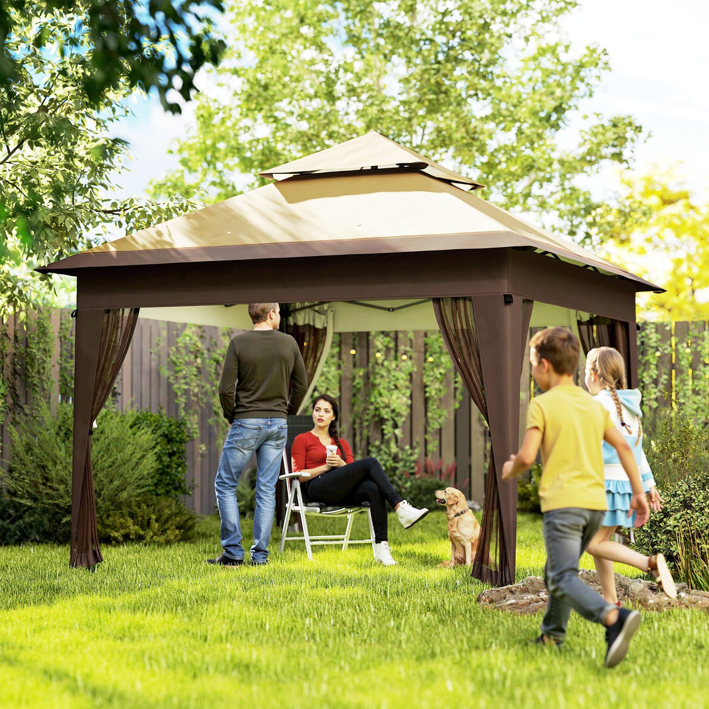 Outsunny 3 x 3(m) Pop Up Gazebo with Mosquito Netting, 1 Person Easy up Marquee Party Tent with 1-Button Push, Double Roof, Carry Bag, Sandbags, Height Adjustable Instant Shelter, Khaki