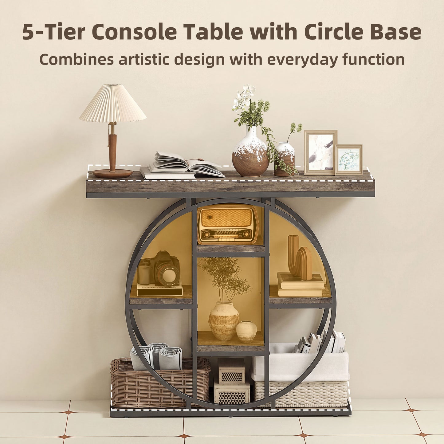 HOMCOM Industrial Console Table with Storage Shelves - Rustic Brown