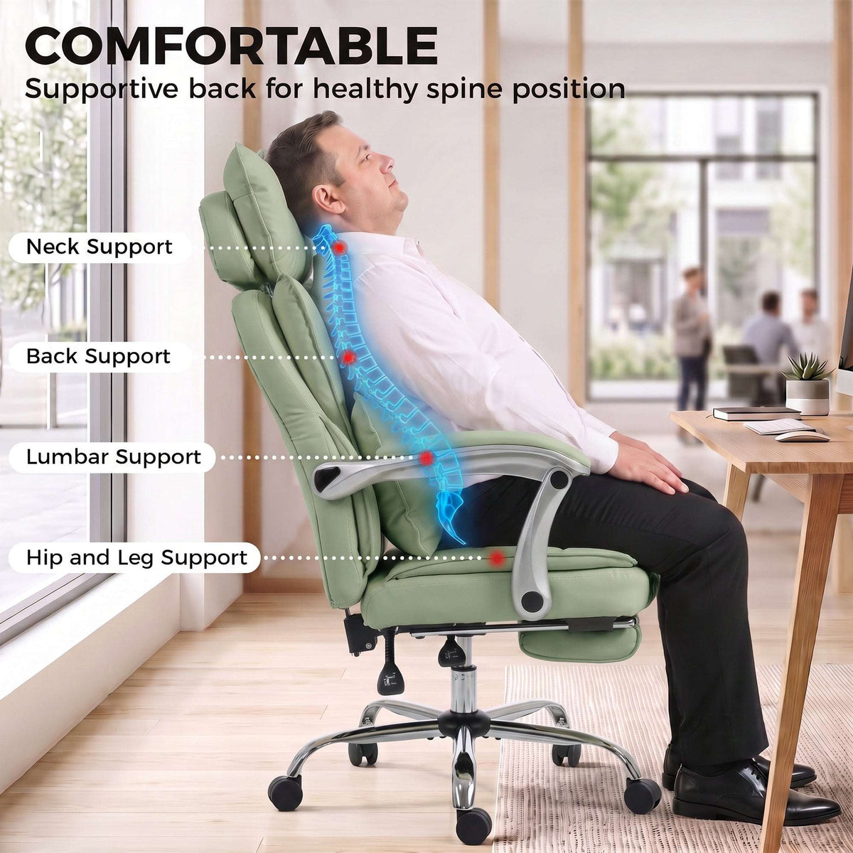 HOMCOM Executive Office Chair, PU Big and Tall Office Chair 180 kg with Wide Seat, Reclining, Lumbar Support, Light Green
