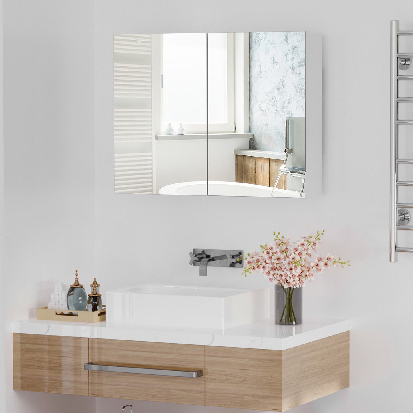 HOMCOM 80 x 15 cm Double Door Bathroom Mirror Cabinet - White