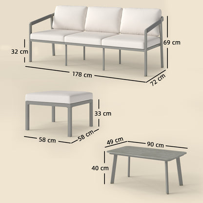 Outsunny 3 Piece Garden Dining Set, Outdoor Patio Furniture with 3 Seater Sofa, Footstool, Coffee Table and Cuhsions