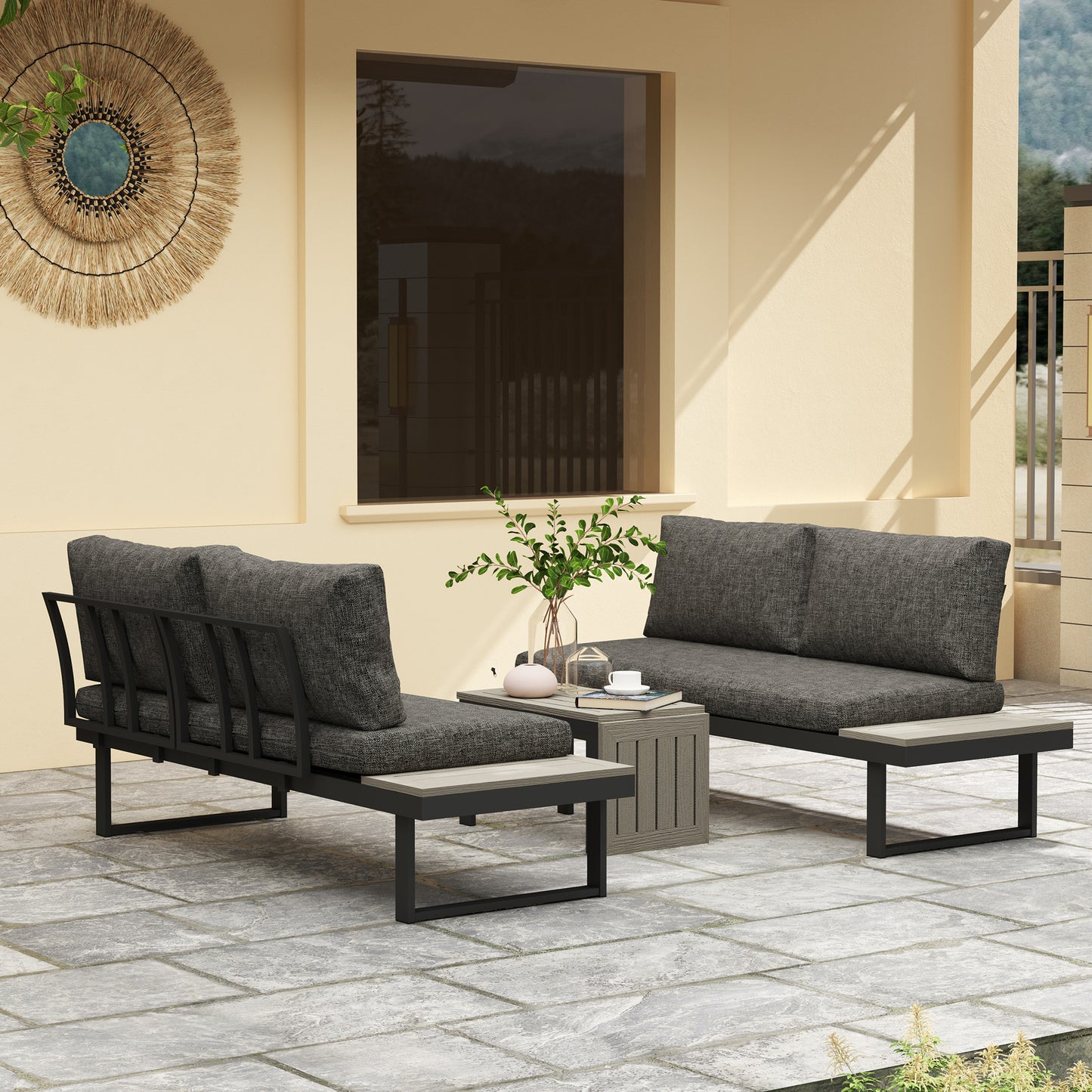 Outsunny 4 Seater L Shaped Aluminium Sectional Garden Furniture Set with 2 Loveseats and Wood-Plastic Coffee Table - Dark Grey