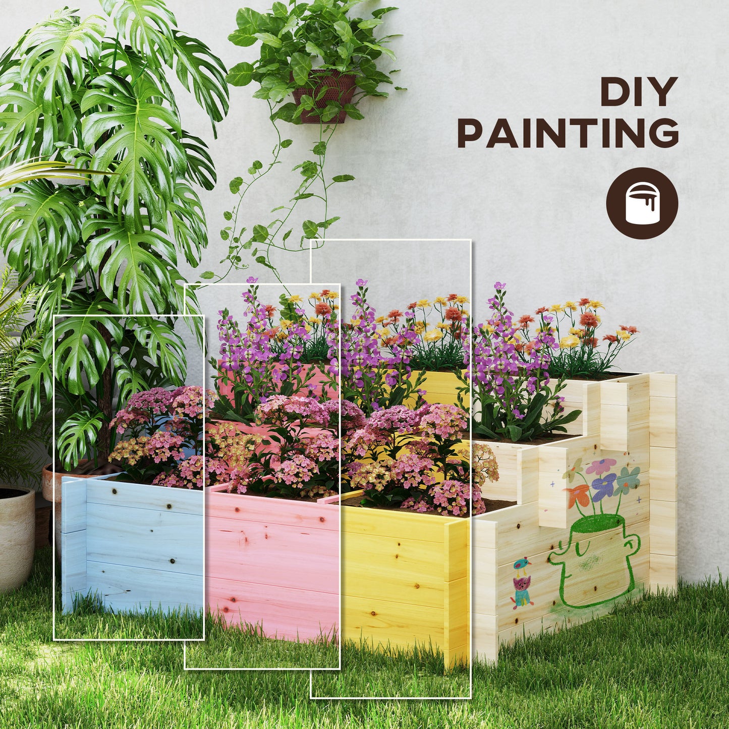 Outsunny 117cm x 100cm x 54cm 3 Tier Raised Garden Bed 376L Fir Wood Elevated Planter Flower Box with 9 Grow Grids and Non-woven Fabric for Vegetables, Flower, Herb Outdoor Indoor Use