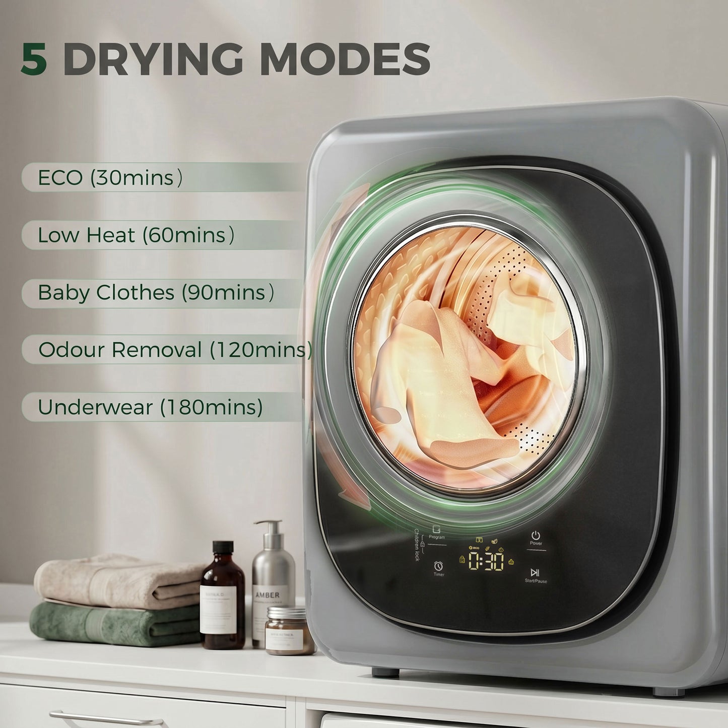 HOMCOM 4kg Vented Tumble Dryer with 5 Drying Mode, 800W Compact Freestanding Front Tumble Dryer, Silver