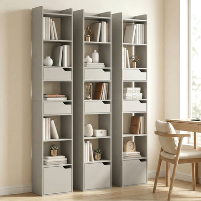 HOMCOM Bookcase Tall Narrow with 5 Tiers and Drawers Freestanding Bookshelf Storage Cabinet for Living Room Grey