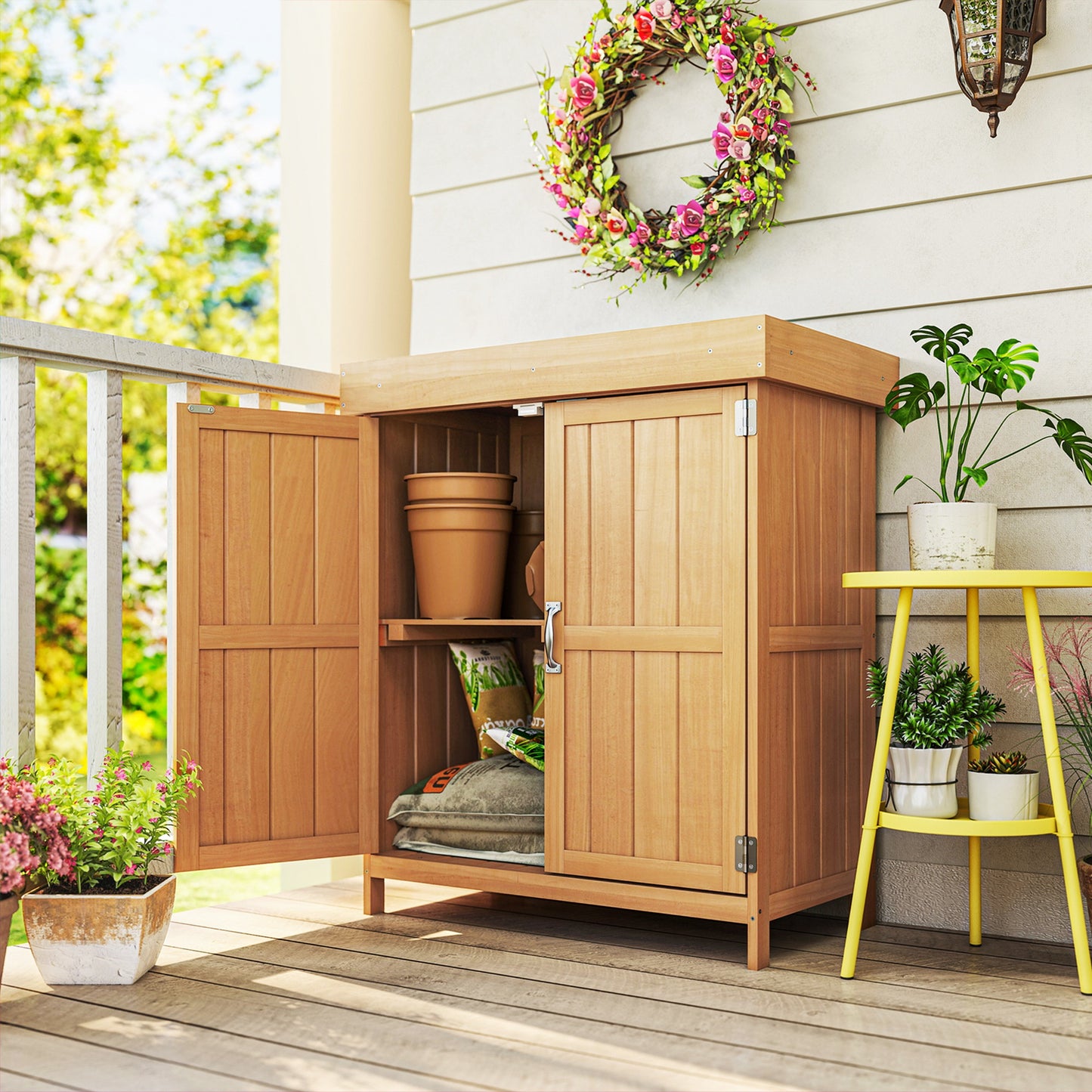 Outsunny Small Shed, Wooden Garden Shed with Openable Hinged Roof and Removable Shelf, Outdoor Tool Storage Cabinet Chest with Double Doors, 74 x 43 x 88 cm, Natural Wood Finish