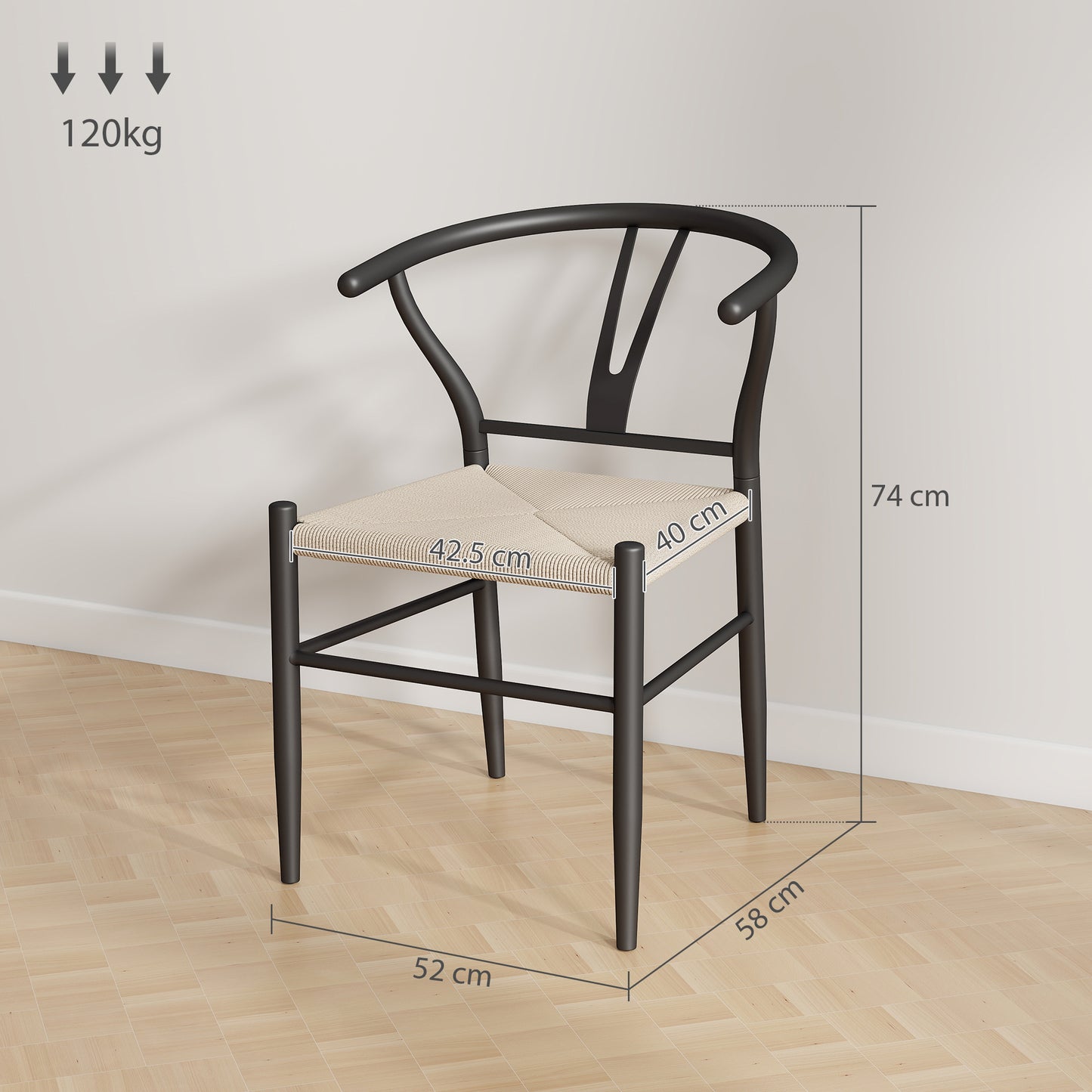 HOMCOM Set of Two Weave Dining Chairs with Y-Shaped Backrest Hemp Seat - Black/Beige
