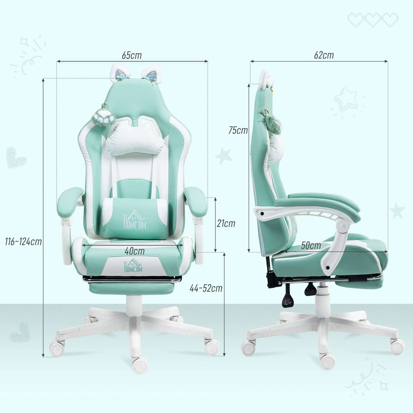 HOMCOM Cat Ear and Paw Reclining Office Chair, with Footrest - Light Blue/White