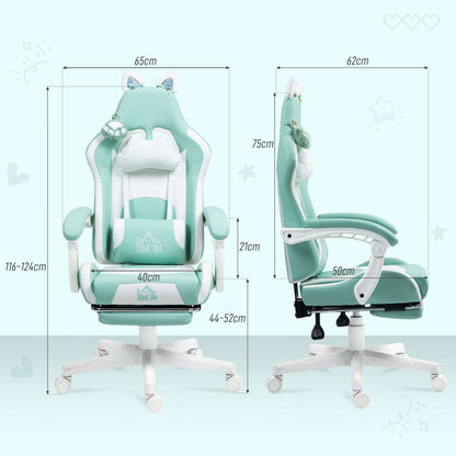 HOMCOM Cat Ear and Paw Reclining Office Chair, with Footrest - Light Blue/White