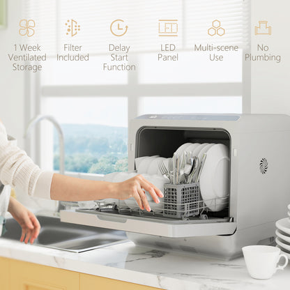 HOMCOM Table Top Dishwasher with Built-in 6L Water Tank, Mini Countertop Dishwasher with 6 Programs, 4 Place Settings, Silver Tone