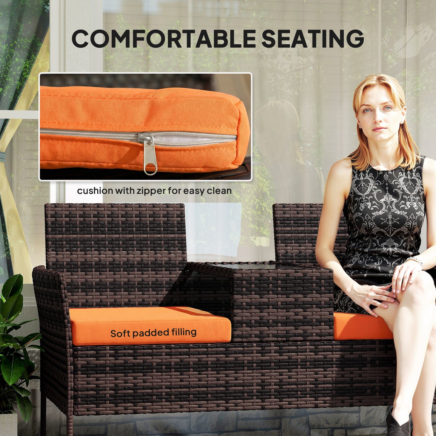 Outsunny Two-Seat Rattan Chair, with Middle Table - Orange
