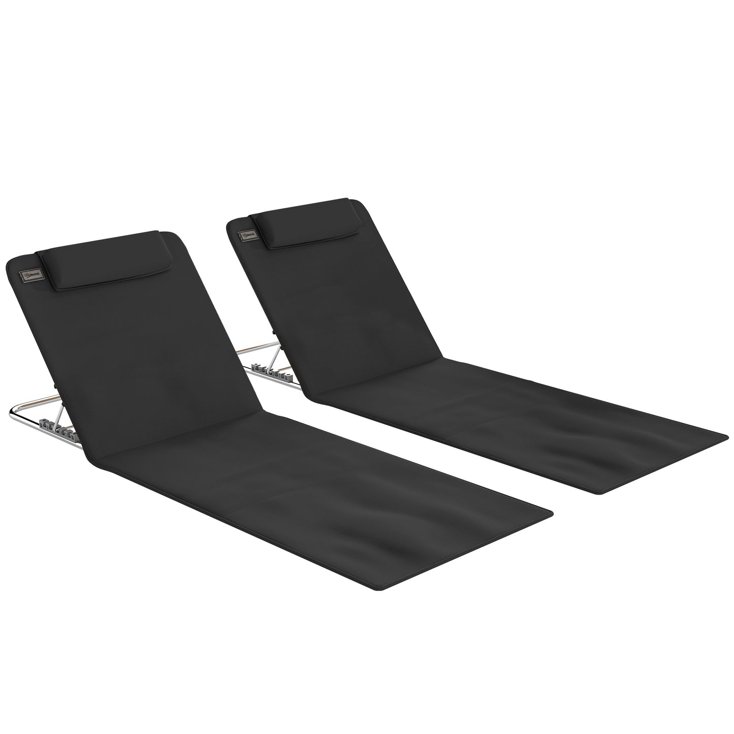 Outsunny Set of 2 Foldable Garden Beach Chair Mat Lightweight Outdoor Sun Lounger Seats Adjustable Back Metal Frame PE Fabric Head Pillow w/ Carry Bag, Black