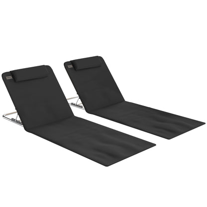 Outsunny Set of 2 Foldable Garden Beach Chair Mat Lightweight Outdoor Sun Lounger Seats Adjustable Back Metal Frame PE Fabric Head Pillow w/ Carry Bag, Black