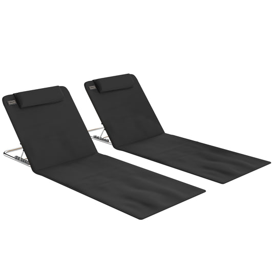 Outsunny Set of 2 Foldable Garden Beach Chair Mat Lightweight Outdoor Sun Lounger Seats Adjustable Back Metal Frame PE Fabric Head Pillow w/ Carry Bag, Black