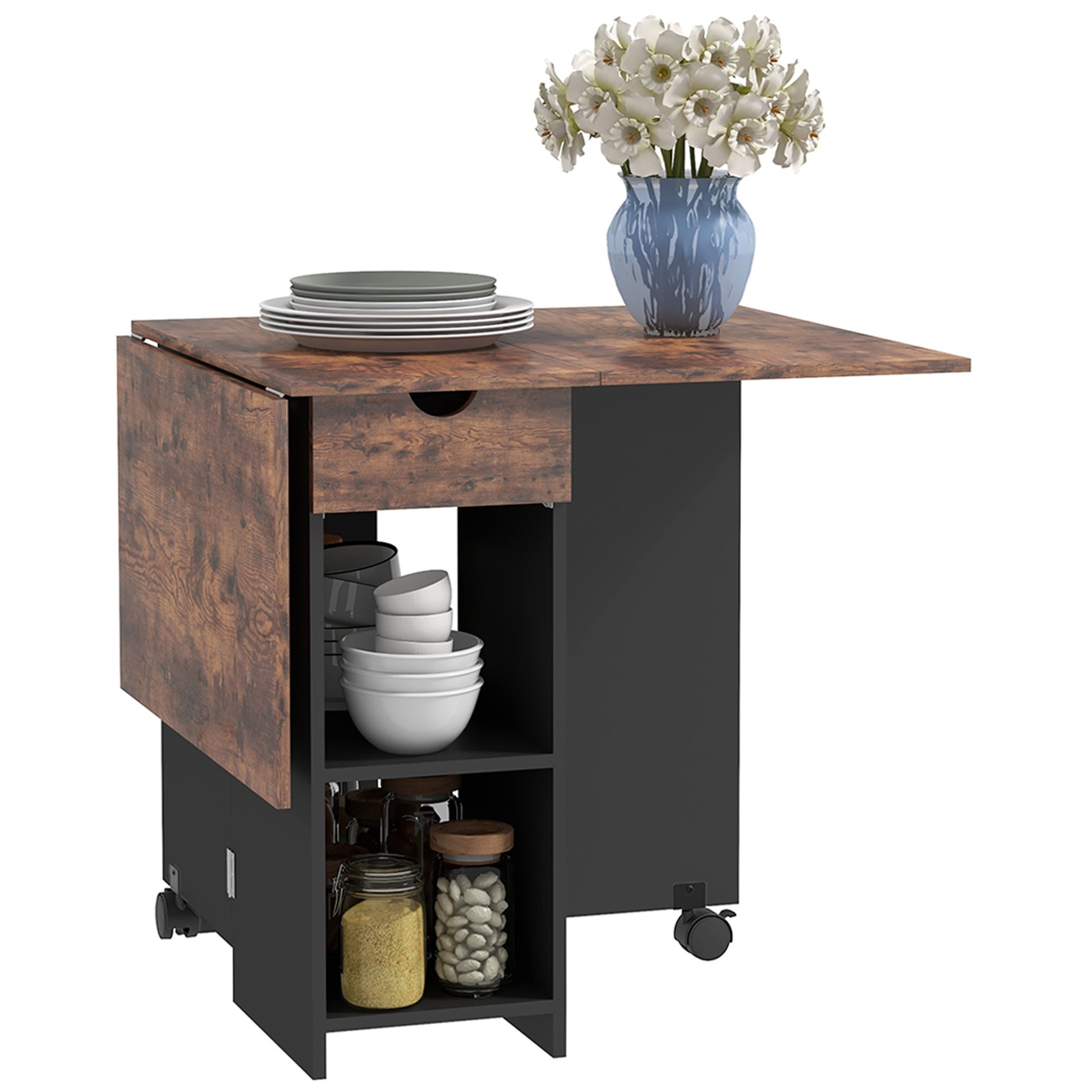 HOMCOM Folding Dining Table, Drop Leaf Table for Small Spaces, Foldable Table with Drawer and Storage Shelves for Kitchen, Dining Room, Rustic Brown--ChewyGames-ChewyGames