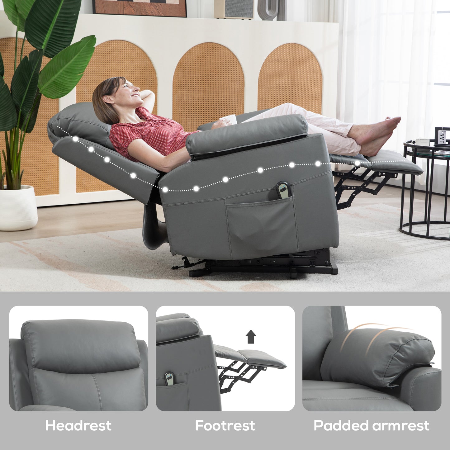 HOMCOM Faux Leather 70° Electric Riser Recliner Chair, Charcoal Grey