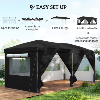 Outsunny 3 x 6 m Pop Up Canopy with UV50+ Protection Garden Gazebo with 6 Sidewalls, Black