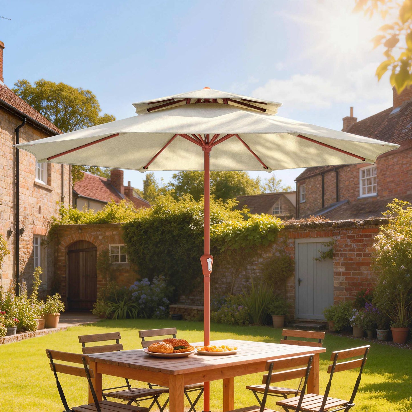 Outsunny 2.7 m Garden Parasol with Double Top Outdoor Market Table Umbrella with Crank System, Cream White--ChewyGames-ChewyGames