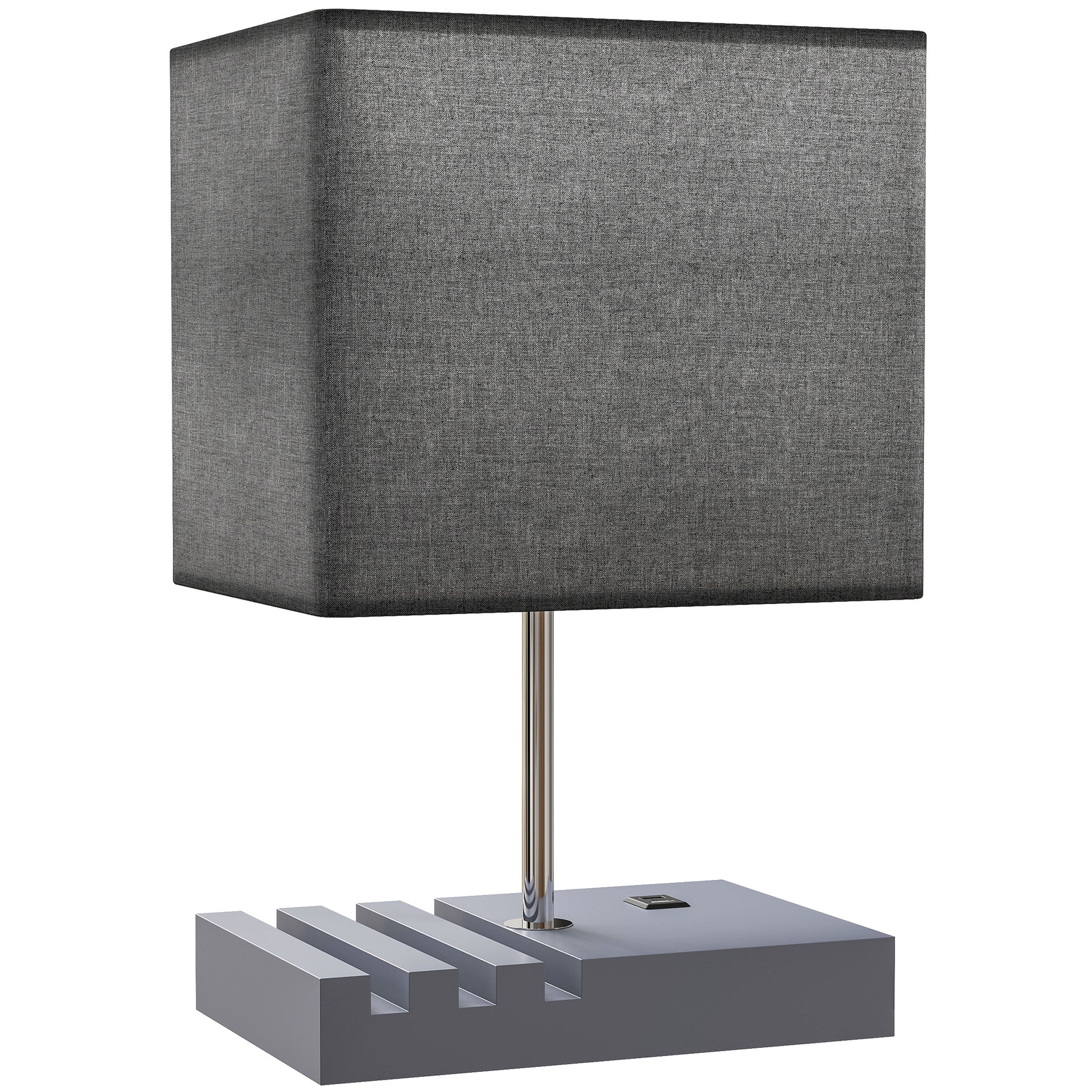HOMCOM Bedside Lamp with USB A+C Charging Ports and 3 Phone Stands, Modern Table Lamp with Solid Wood Base and Fabric Shade for Bedroom Living Room Office, E27 Socket, Bulb Not Included, Grey--ChewyGames-ChewyGames