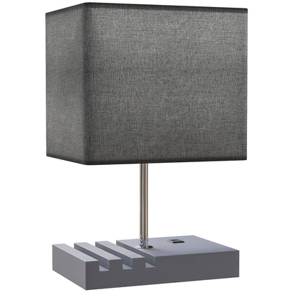 HOMCOM Bedside Lamp with USB A+C Charging Ports and 3 Phone Stands, Modern Table Lamp with Solid Wood Base and Fabric Shade for Bedroom Living Room Office, E27 Socket, Bulb Not Included, Grey--ChewyGames-ChewyGames
