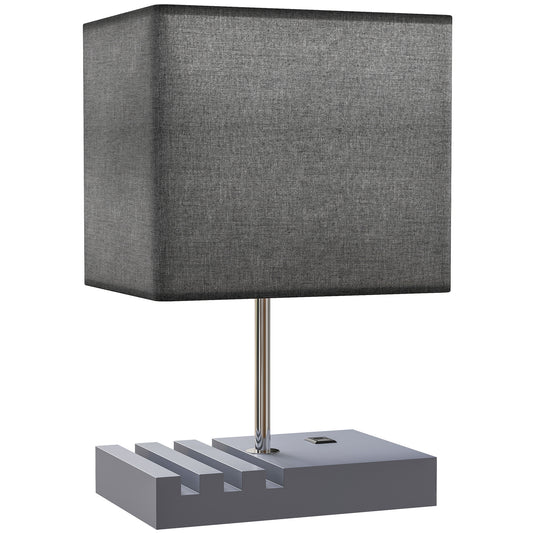 HOMCOM Bedside Lamp with USB A+C Charging Ports and 3 Phone Stands, Modern Table Lamp with Solid Wood Base and Fabric Shade for Bedroom Living Room Office, E27 Socket, Bulb Not Included, Grey--ChewyGames-ChewyGames