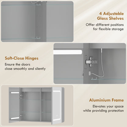 HOMCOM Mirrored Bathroom Cabinet with LED Lights, 60 x 80 cm Bathroom Mirror Cabinet with Anti-Fog, 3 Colour Dimmable Lighting