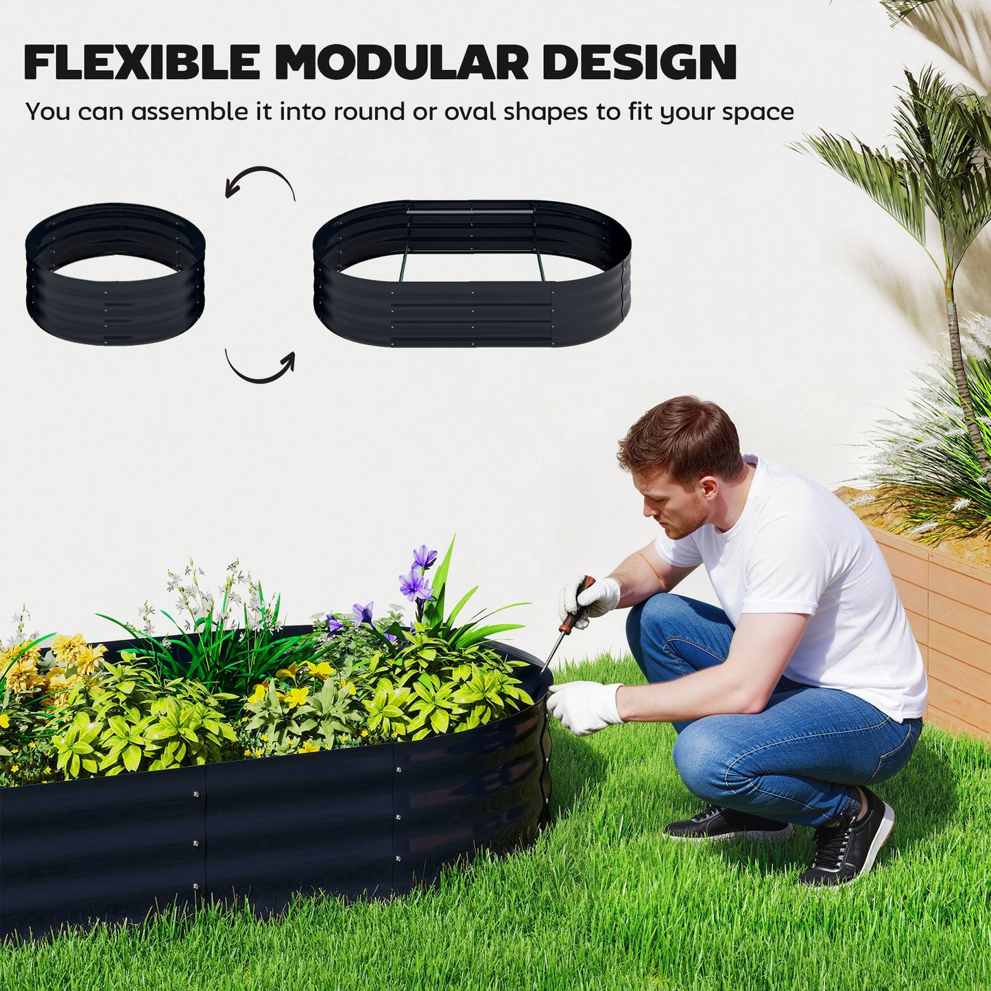 Outsunny Galvanised Raised Garden Bed with Arched Trellis, 5 x 3 x 6ft Metal Raised Bed for Garden with Open Bottom, Dark Grey