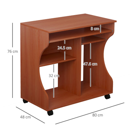 HOMCOM Multi-Storage Compact Work Desk, with Wheels - Cherry Wood Colour--ChewyGames-ChewyGames