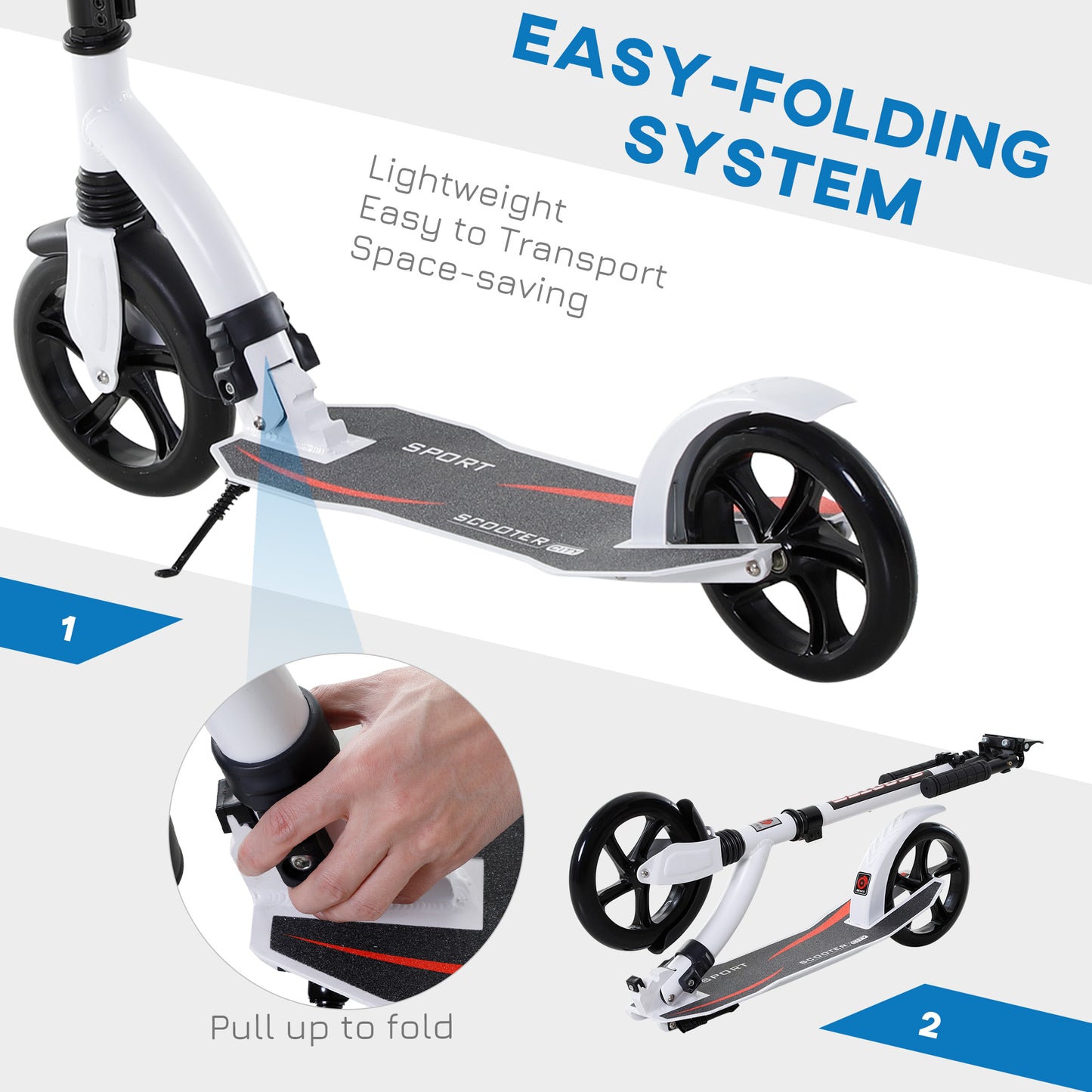 HOMCOM Foldable Kick Scooter with Double Shock Absorption and Big Wheels, Height Adjustable Aluminium Frame Big Wheel Scooter for 14+ Teens Adult - White--ChewyGames-ChewyGames