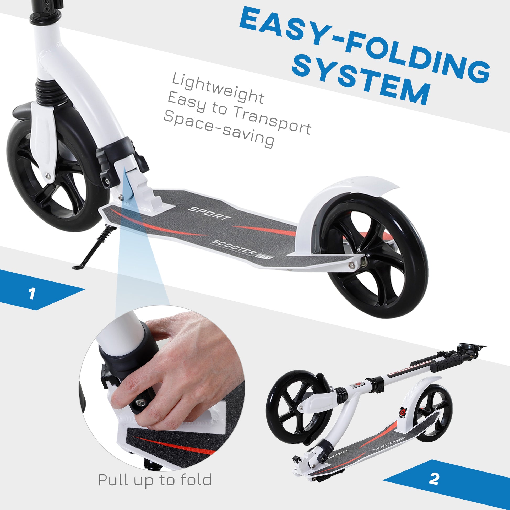 HOMCOM Foldable Kick Scooter with Double Shock Absorption and Big Wheels, Height Adjustable Aluminium Frame Big Wheel Scooter for 14+ Teens Adult - White--ChewyGames-ChewyGames