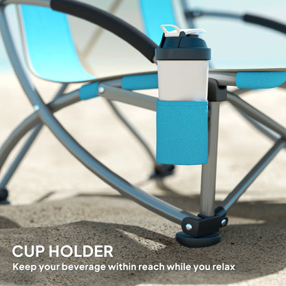 Outsunny Set of 2 Folding Beach Chair, Low Camping Chair with Mesh Back, Carry Bag and Cup Holder for Garden Outdoor Picnic Festival Travel, Blue