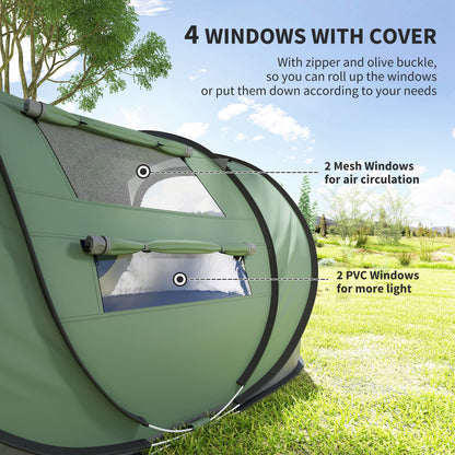 Outsunny 4 Person Pop-up Camping Tent Family Tent with Ground Sheet, 4 Windows and Portable Carry Bag for Beach Outdoor Trip, Dark Green