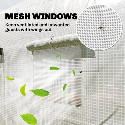 Outsunny 4 x 3(m) Walk-in Polytunnel Greenhouse, Zipped Roll Up Sidewalls, Mesh Door, 8 Mesh Windows, Tunnel Warm House Tent with PE Cover, Complimentary Plant Labels and Gloves, White
