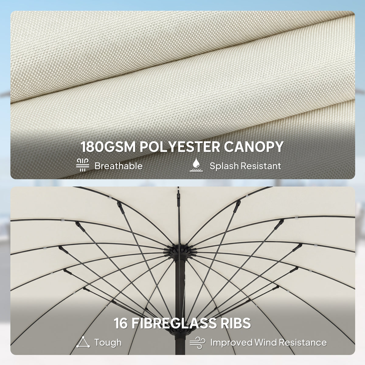 Outsunny 2 m Shanghai Garden Parasol Umbrella with 16 Fibreglass Ribs, Outdoor Parasol Sun Shade with Crank & Tilt, Cream White
