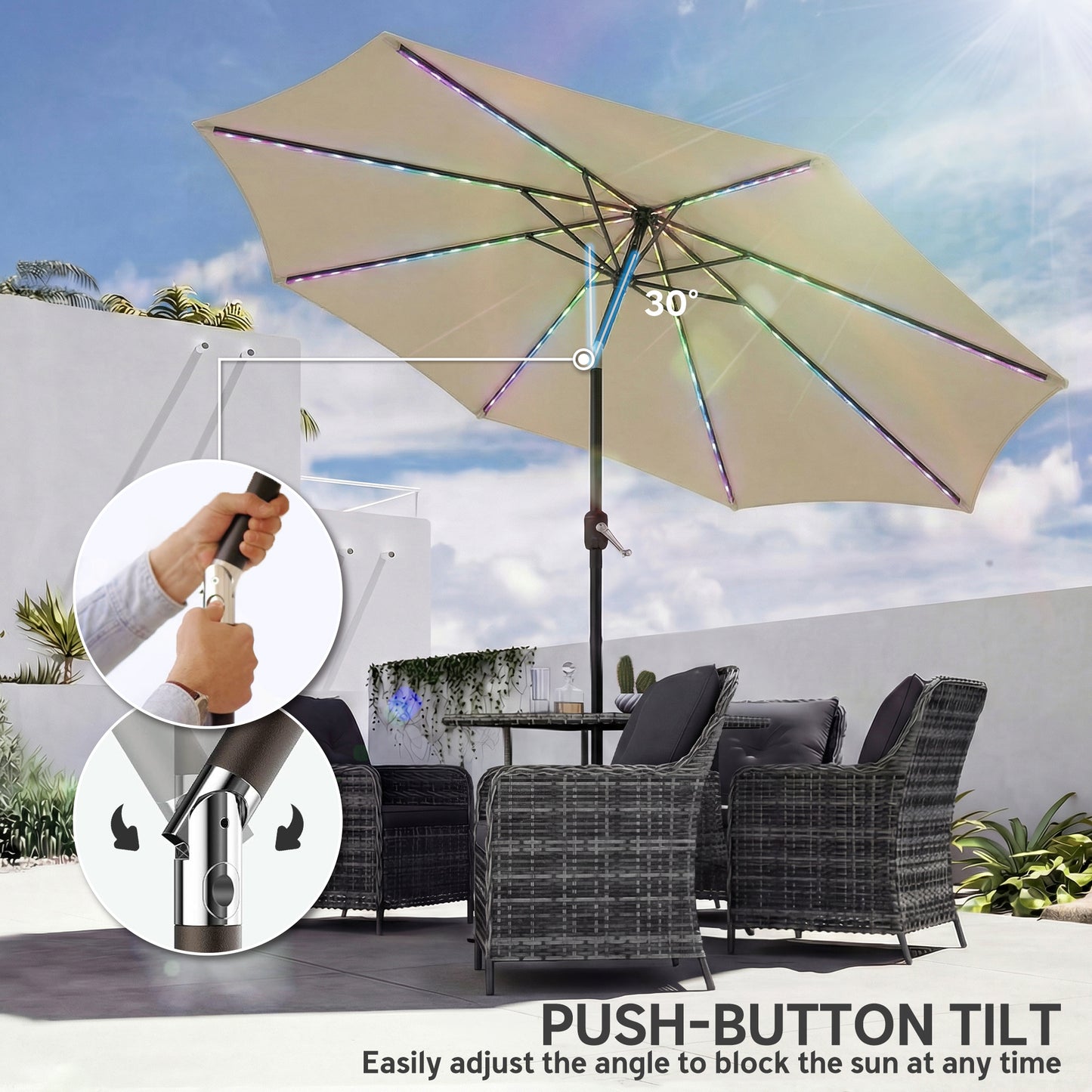 Outsunny 3 m Garden Parasol Umbrella with 112 Solar Powered LED Lights, Patio Umbrella with Crank Handle, Beige--ChewyGames-ChewyGames